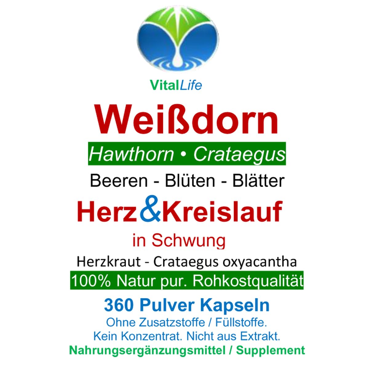 WEISSDORN Weißdorn HERZ-KREISLAUF 1080 Kapseln 3x360 "HERZKRAUT" NATUR pur Weißdornbeeren & Weißdornblätter & Weißdornblüten. OHNE ZUSATZSTOFFE. 27100-7