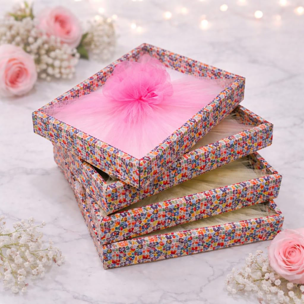 3 Pcs Decorative Multipurpose Folding Tray, Gift hampers | Paper Gift Boxes for wedding Return Gifts, Sweets, Bride Groom Dress Packing | Rectangular Cardboard Tray with Net (Multi With Pink Net)-image-14