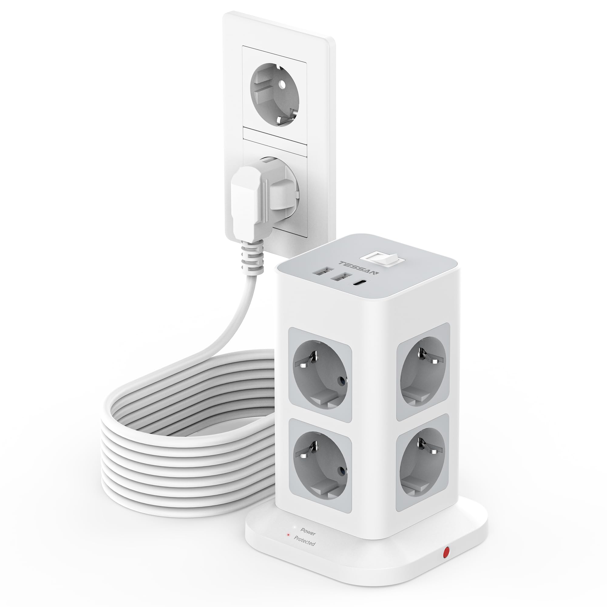 TESSAN Regleta Enchufes 3 Metros con Protección Sobretensione 3600W 16A, Torre Enchufes Vertical con 3USB y 8 Tomas, Regleta Alargador 3 Metros con Interruptor para Mesa, Oficina, Casa, Gris