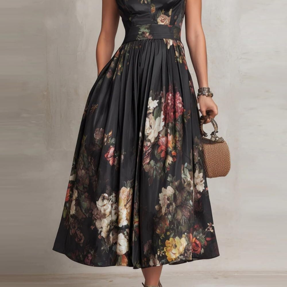 Abito midi satin floreale senza maniche fruncito invitata matrimonio