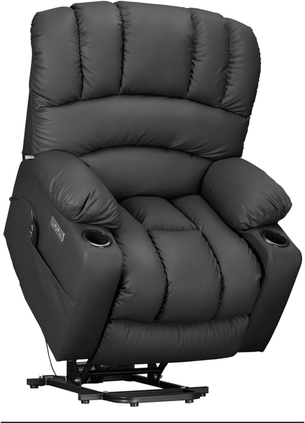 Recliner Sofa with Oversized Seat, Genuine Leather Upholstery, Power Lift, Heat and Massage, Remote Control, USB Charging Ports, Cup Holders, and Infinite Position Recline Comfort