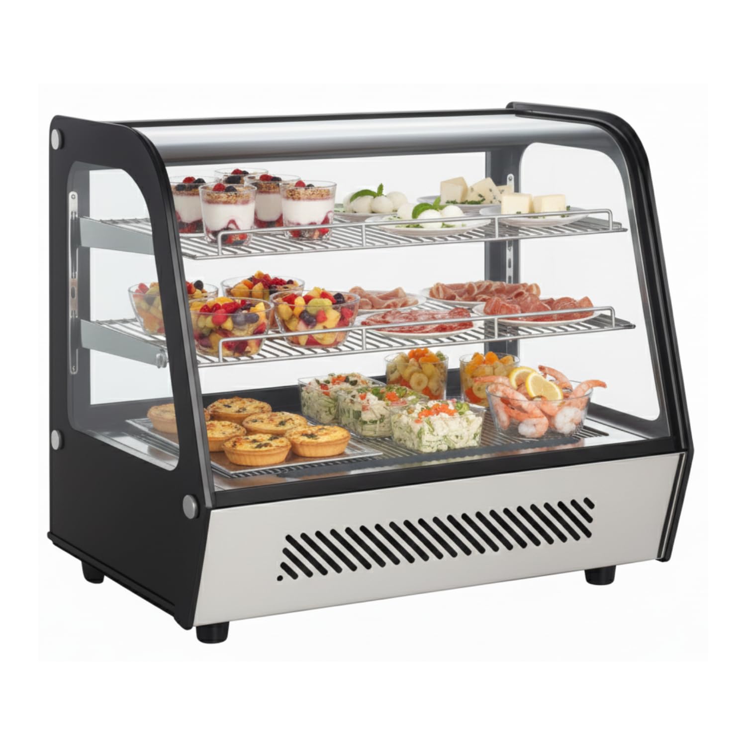 Vitrina refrigerada de encimera de 120 L, frío ventilado, 0 / +12 °C, doble acristalamiento, acero inoxidable, puertas correderas traseras