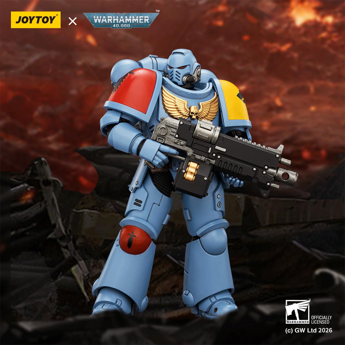 TOYVERSE JOYTOY Warhammer 40 000 kosmicznych wilków, orędownik z karabinem śrubowym, pistoletem śrubowym i mieczem łańcuchowym w skali 1/18, figurka postaci, model 15+
