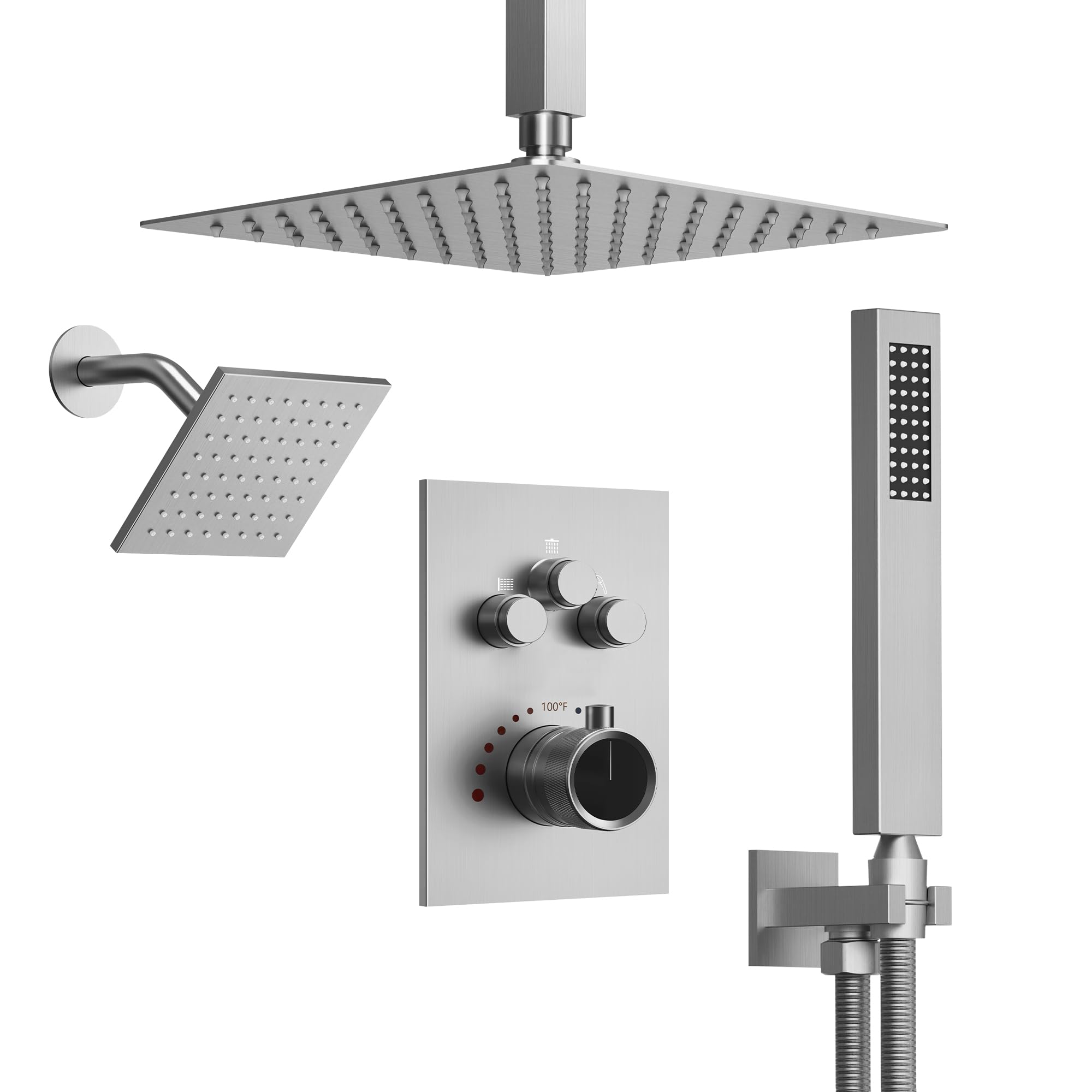 Ceiling Mount 12" High-Pressure Rainfall Shower Faucet, Dual Rainfall Shower Head System with Valve (Brushed Nickel)