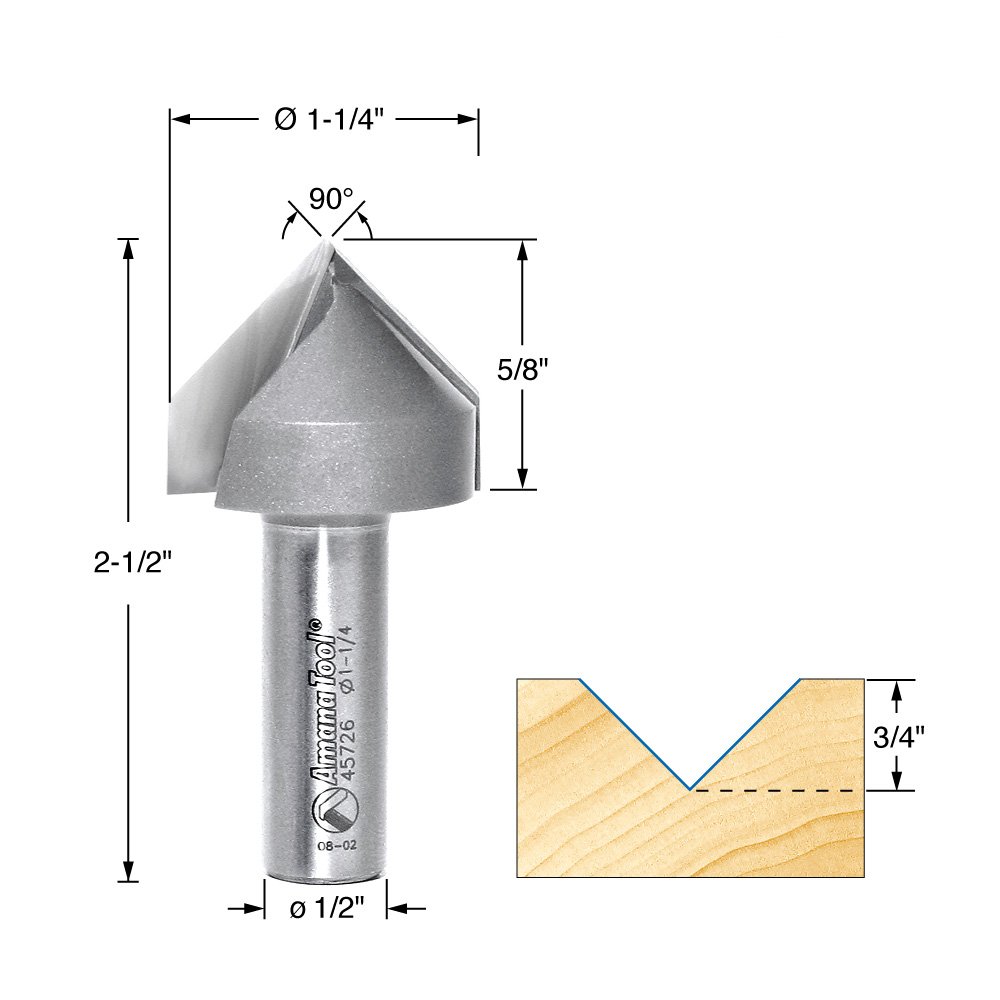 Amana Tool - 45726 Carbide Tipped V-Groove 90 Deg x 1-1/4 Dia x 1 2" Shank