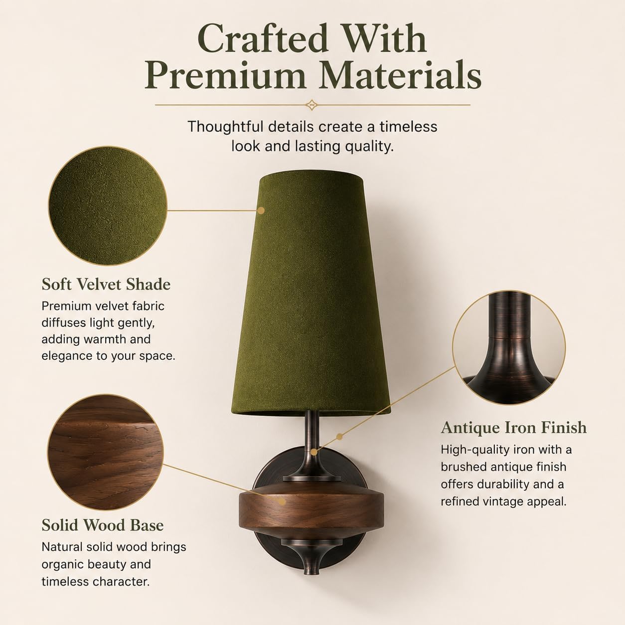 OOWOKS E14 Wandlampe Mid Century mit Grün Stoffschirm 3 Farbtemperaturen Retro Deko Wandleuchte aus Holz und Metall Nachttischlampe Wand Schlafzimmerlampe Deko für Wohnzimmer Flur