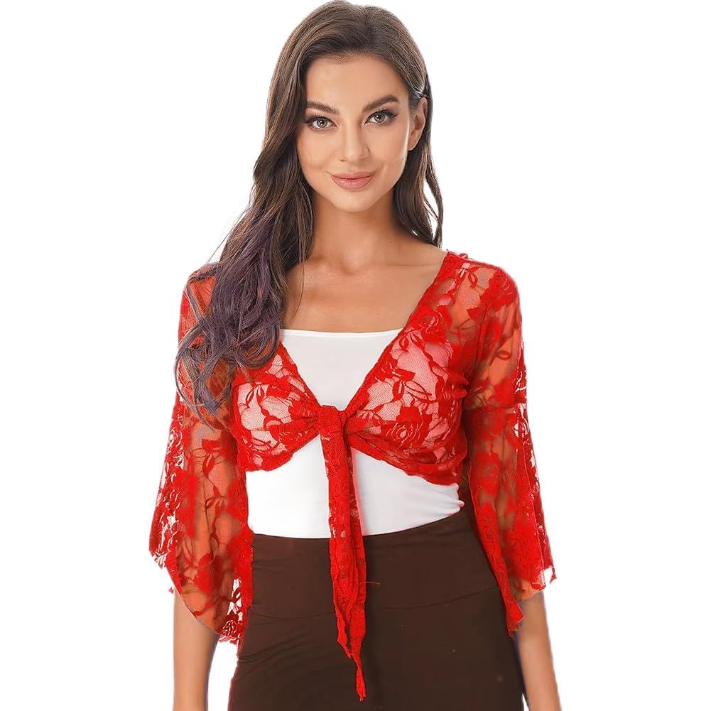 Leemiman Lady's Tribal Belly Dance Costume Lace Floral Long Sleeve Wrap Top (Red)