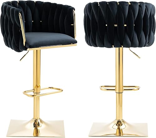 NIOIIKIT Juego de 2 taburetes de bar tapizados de terciopelo, silla de altura de mostrador con respaldo tejido a mano, taburete de comedor con