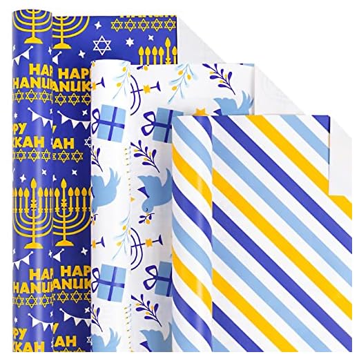 LeZakaa Hanukkah Wrapping Paper Roll - Mini Roll - Menorah, Hexagram with Happy Hanukkah Letters/Candle and Bird/Stripe for Gift Wrap, DIY Craft - 17 x 120 inches - 3 Rolls (42.5 sq.ft.ttl.)