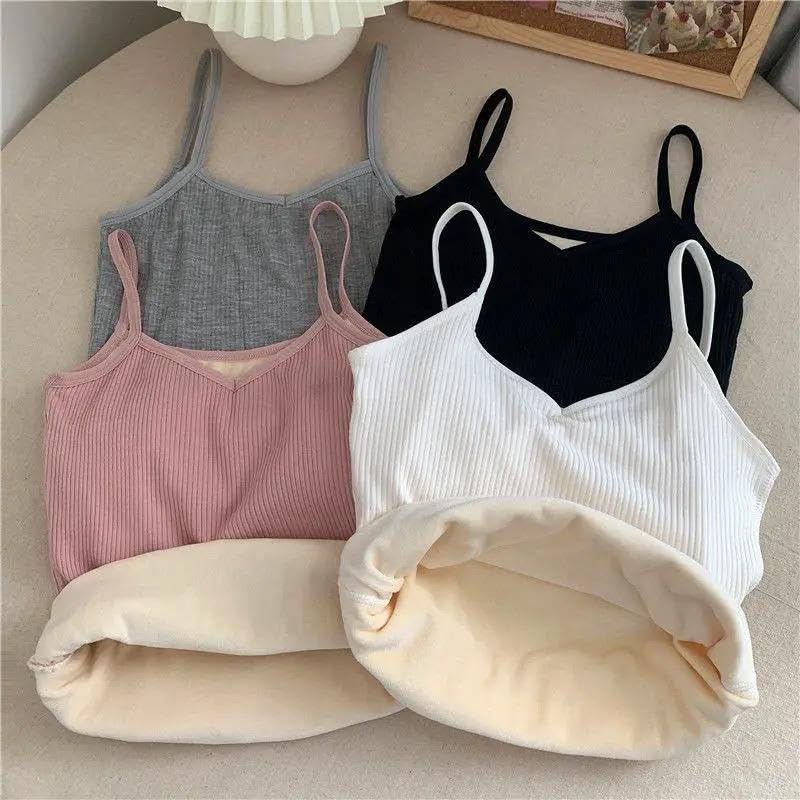 Image of Women's Thermal Fleece-Lined Ribbed Camisole Tank Top -School Girls Adjustable Spaghetti Strap Undershirt, Winter Warm Base Layer Cami, Soft Stretch Sleeveless Top