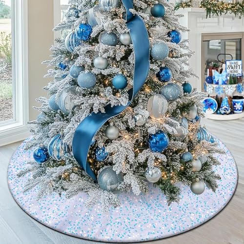yuboo Blue and White Christmas Tree Skirt, Small Candy Velvet with Sequins Tree Skirt 36 Inch for 6 Ft Pencil Tree, Glitter Xmas Tree Mat, Iridescent Christmas Decorations Ornaments