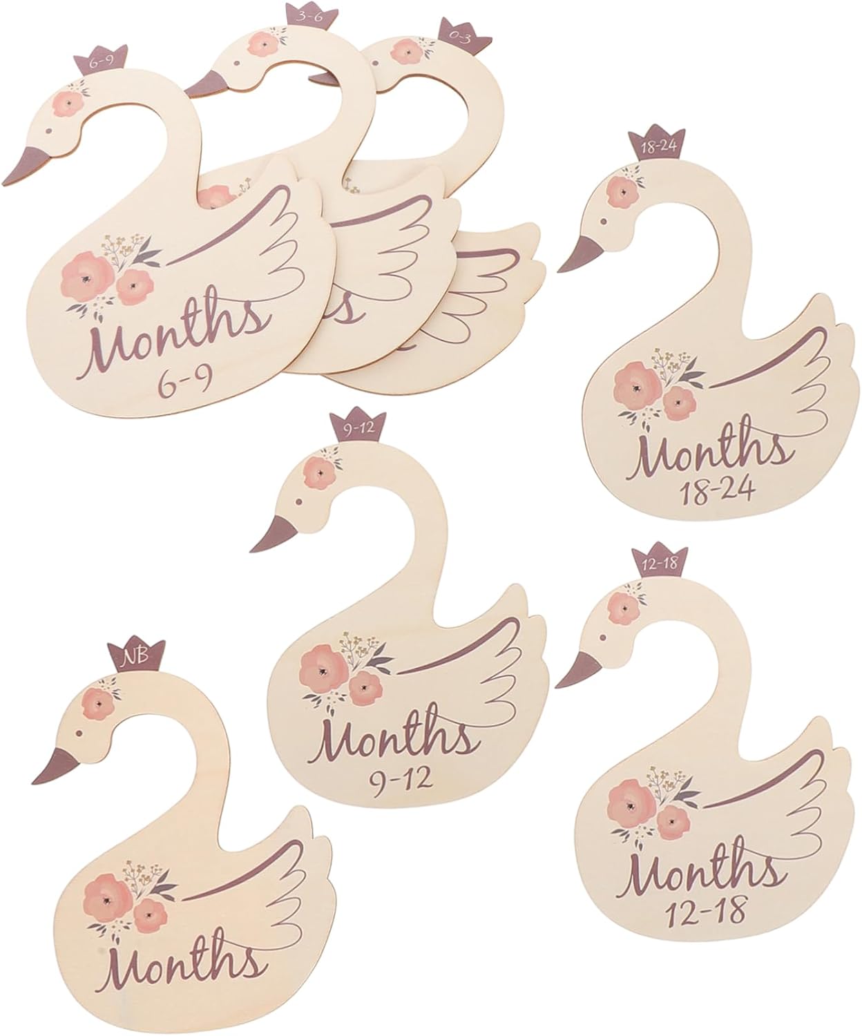Swan Shaped Baby Clothes Size Dividers 7pcs Wooden Toddler Closet Organizer UV Print for Nursery Cute Animal Themed Wardrobe Dividers for Infants