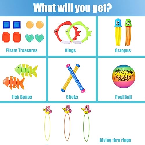 Miniatura 4 de YF-TOW Juguetes de piscina para niños de 4 a 8 años, juegos de juguetes de buceo en piscina con anillos de natación, gemas de buceo, pulpo de buceo,