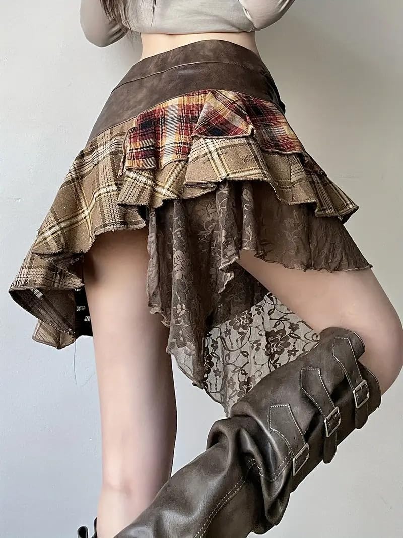 Women's Y2K Patchwork Plaid Asymmetrical Skirt Vintage Pleated High Waist Trendy Skirt for Girl