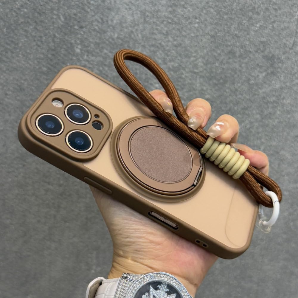 Magnetyczny uchwyt pierścieniowy, pasek na nadgarstek, etui z przewodem do iPhone'a 16 11 12 13 14 15 Pro Max Plus, matowe, odporne na wstrząsy, brązowe, do iPhone'a 15 Pro Max