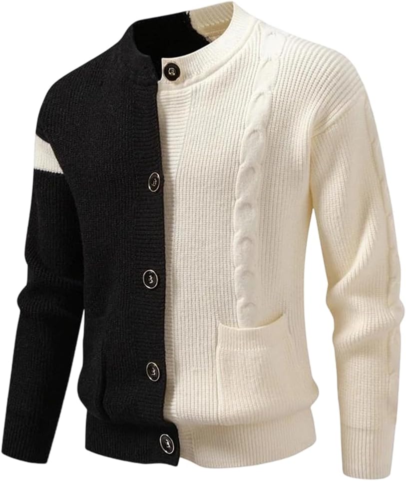 Men's O-Neck Patchwork Knitted Cardigans Sweater Winter Warm Single Breasted Knit Men Casual Cardigan