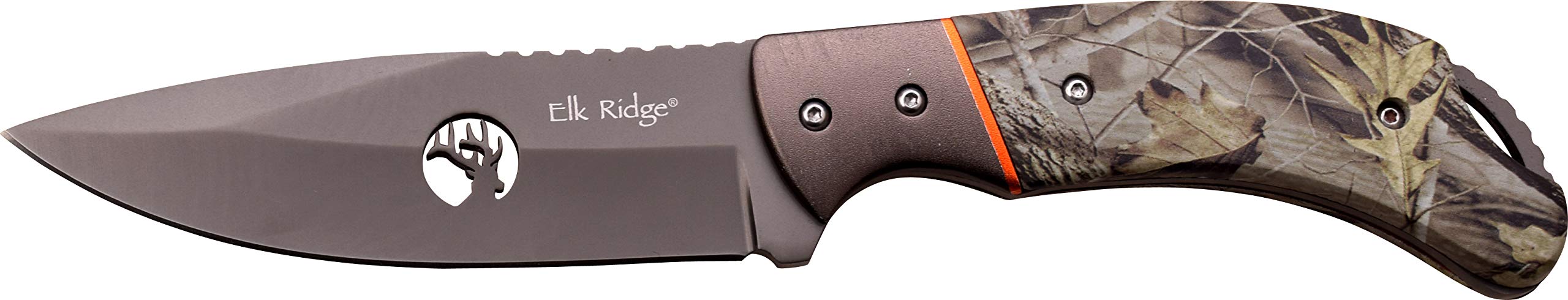 Elk Ridge - Outdoors Fixed Blade Knife - 7.75-in Overall, 3.25-in Grey TiNite Coated Stainless Steel Blade, Camo Coated Wood Handle, Leather Sheath - Hunting, Camping, Survival - ER-544CA