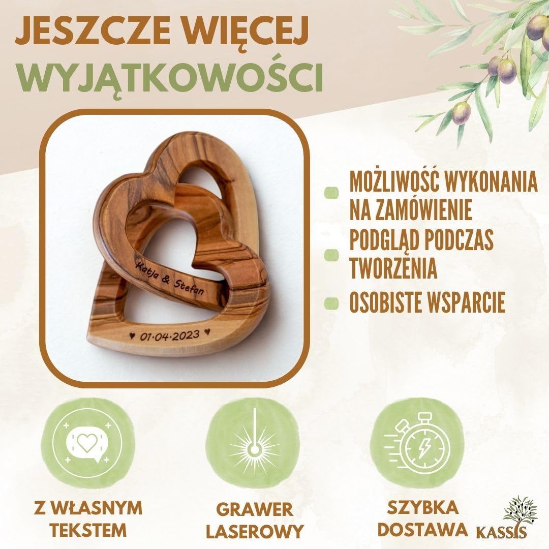 KASSIS serce z drewna oliwkowego, prezent ślubny dla pary młodej na Walentynki, rocznicę, urodziny, wysokiej jakości wykonanie, w wielu rozmiarach (grawerunek na życzenie, 10 cm)