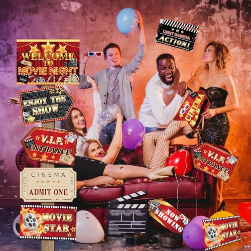 Image of Hooqict 20 Pieces Movie Night Decorations Movie Themed Party Directional Signs for Cinema Welcome Now Showing Theater Film Birthday Party Decorations Supplies