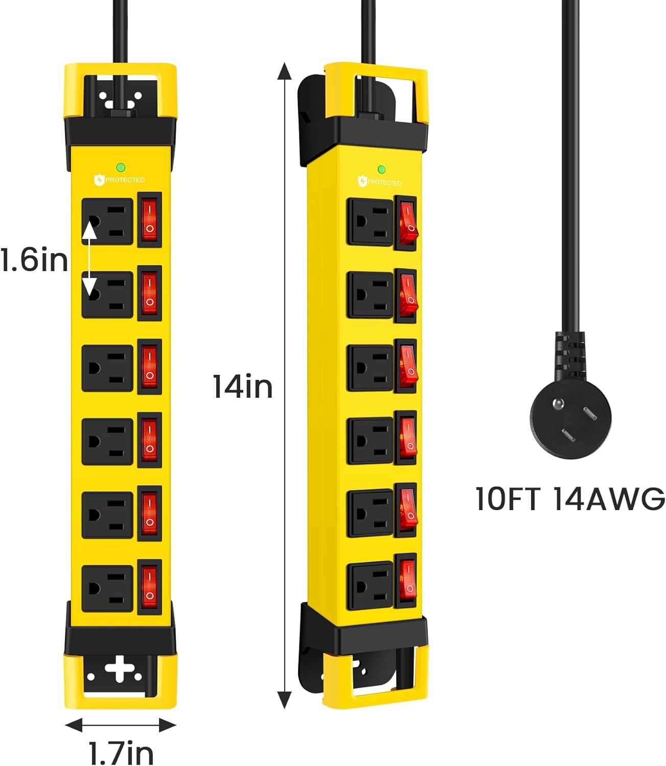 Heavy Duty Power Strip,6 Outlet Wall Mount with Individual Switch & Cord Management,Mountable Surge Protector 1200J,6FT Extension Cord(Yellow,10 FT)