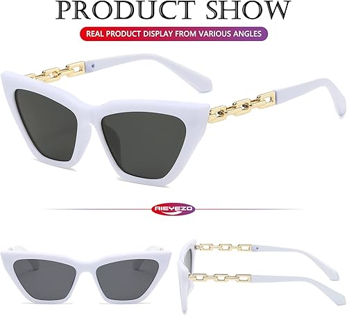 Miniatura 5 de AIEYEZO Gafas de sol de ojos de gato para mujer, diseño retro de ojo de gato, diseño de cadena de metal, estilo ojo de gato