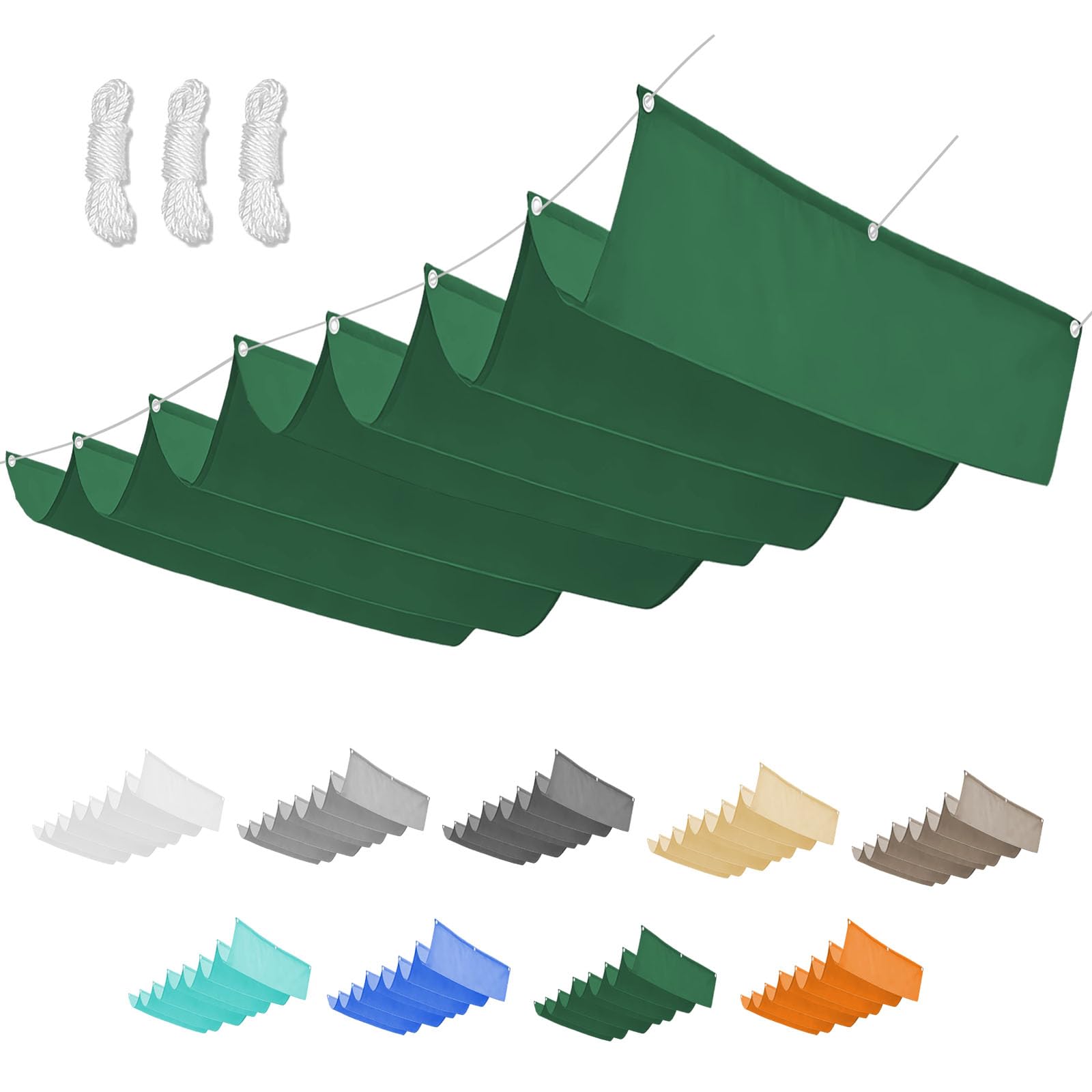 Retractable Wave Shade Cloth, Waterproof Rectangle Sun Shade Sail Garden Sunscreen Awning Canopy with Rope for Outdoor Patios Garden Backyard-Darkgreen||50x350cm