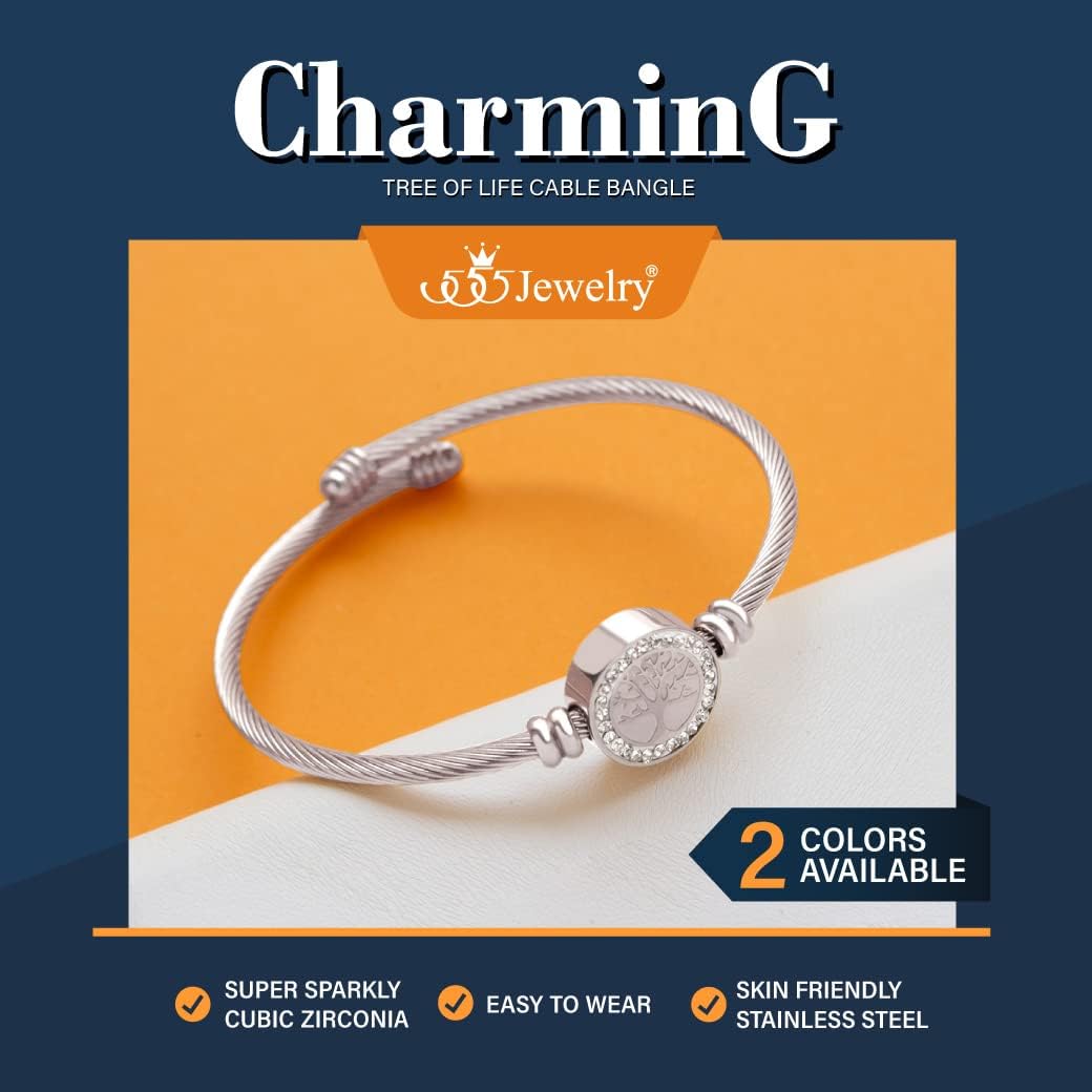 555Jewelry Adjustable CZ Tree of Life Bracelet for Women, Twisted Cable Wire Cuff Bangle - Image 3