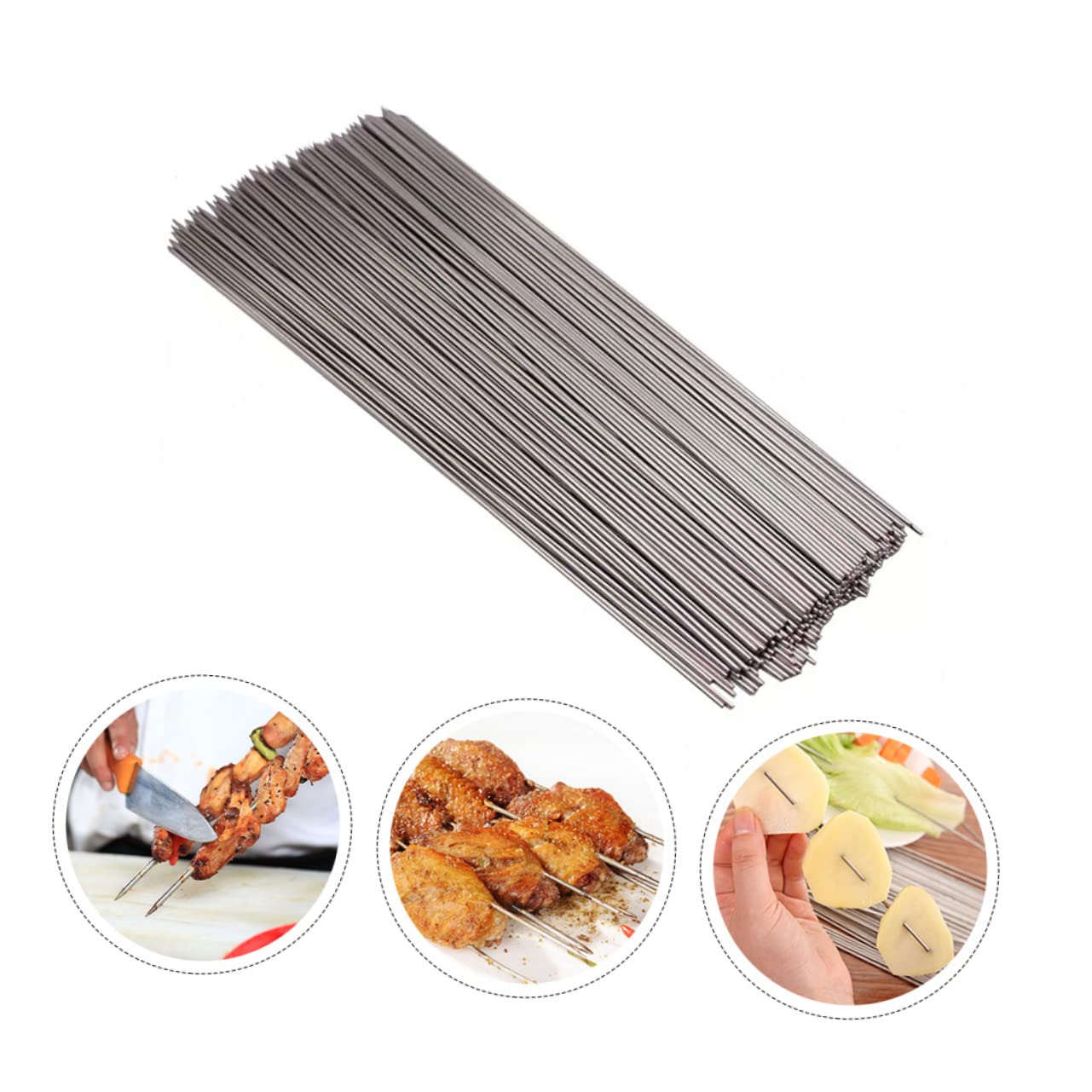 DOITOOL Spiedini Rotondi in Metallo Inox 304 Set 100 Pezzi, Bastoncini Riutilizzabili per Barbecue, Spiedini Portatili Resistenti per Grigliate in Giardino, Campeggio e Picnic
