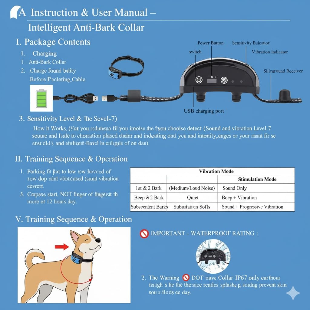 Pack de 2 Colliers Anti-Aboiement Chien Automatiques Bleu – Éducation Positive sans Choc Électrique, Vibration & Son, Rechargeable et Étanche IP67