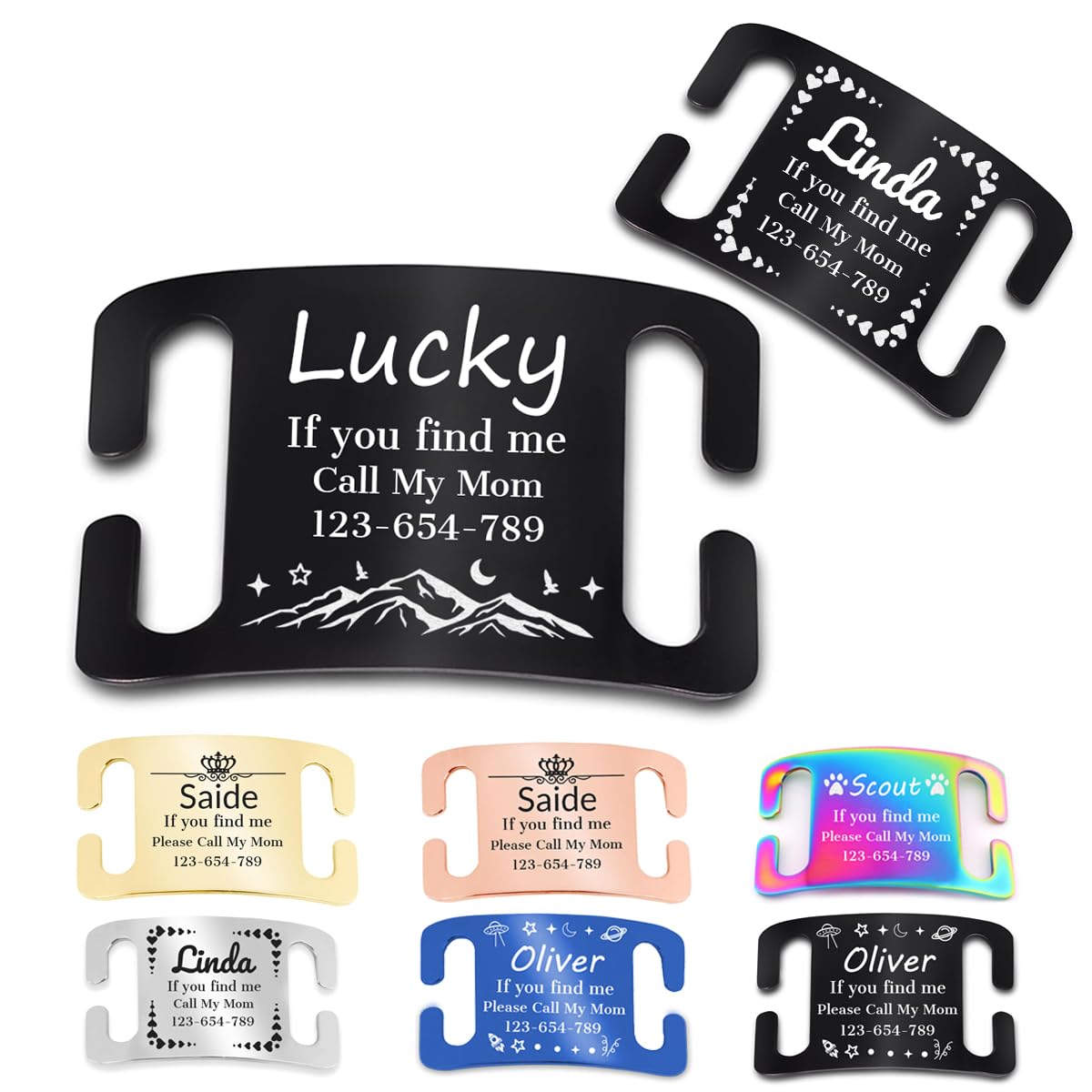 Diaoketags Dog Tags Slide-On Pet ID Tags, Curved Personalized Dog and Cat, Silent, No Noise Stainless Steel, Custom Engraved in 3 Sizes 6 Patterns for