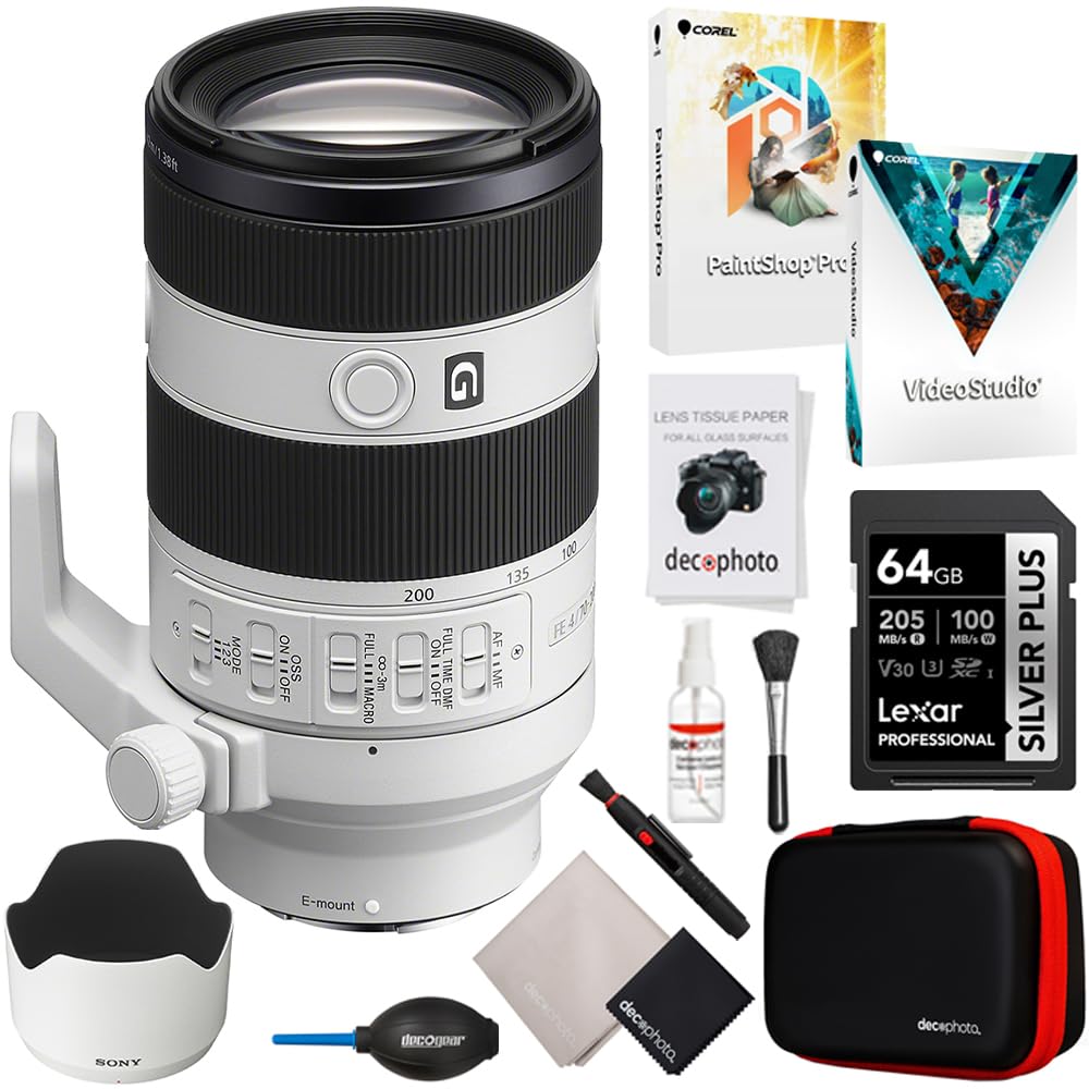 Sony SEL70200G2 FE 70-200mm F4 Macro G OSS II Full-Frame Compact Telephoto Zoom Lens for E-Mount Bundle with Deco Photo Cleaning Kit, Lexar 64GB Memory Card, Corel Photo Video Suite PaintShop Pro
