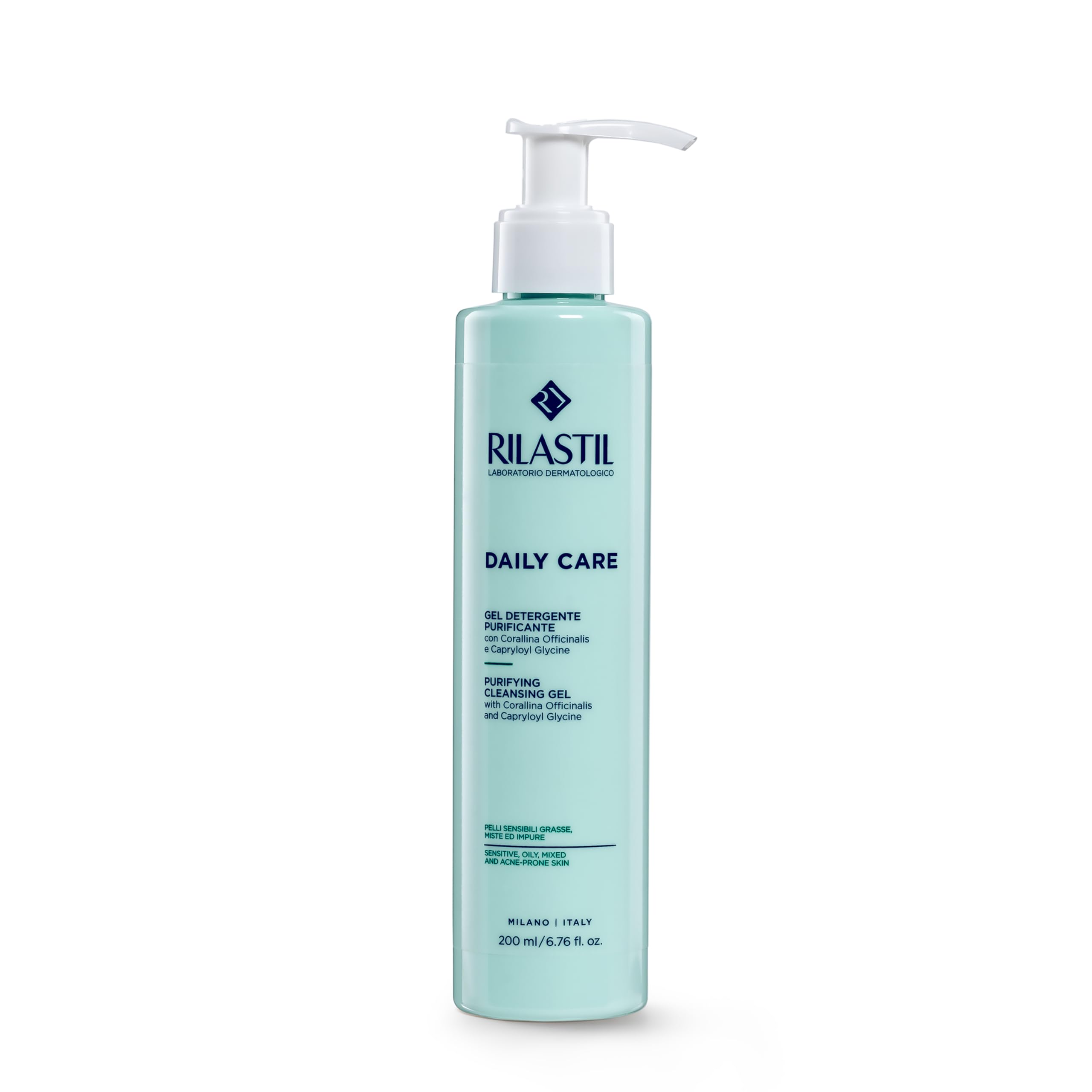 Rilastil Gel Detergente Purificante Daily Care, Detergente Viso Pelle Mista, Grassa, Sensibile e Impura, con Corallina Officinalis e Capryloyl Glycine, Confezione da 200 ml