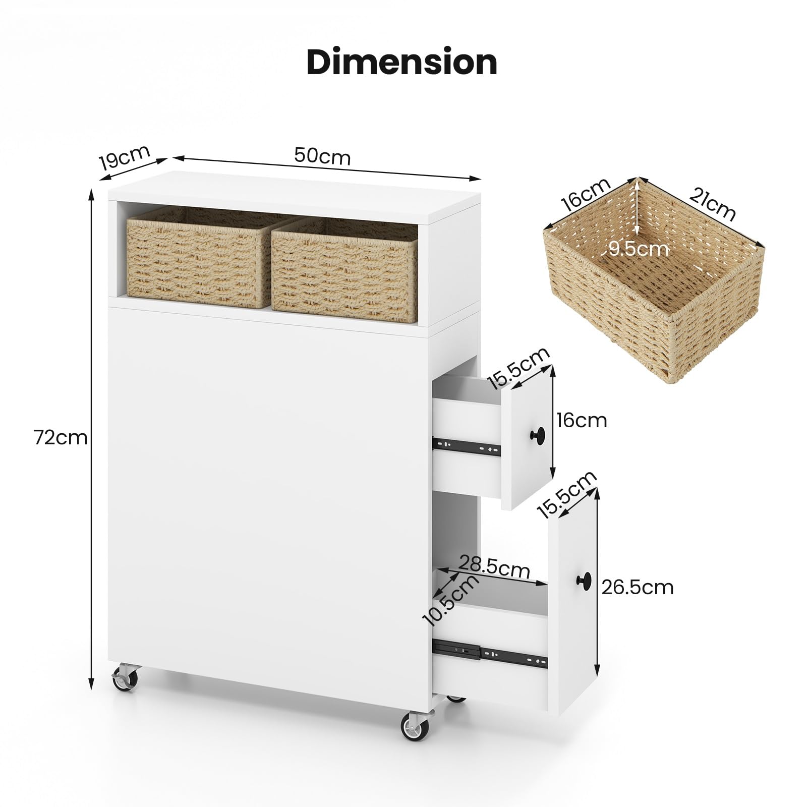 GIANTEX Nischenregal 19cm breit, Badezimmerschrank schmal Badregal auf Rollen, Nischenschrank Nischenwagen mit 2 Schubladen & 2 Weidenkörben, Rollwagen Rollcontainer 19x50x72 cm (Weiß)
