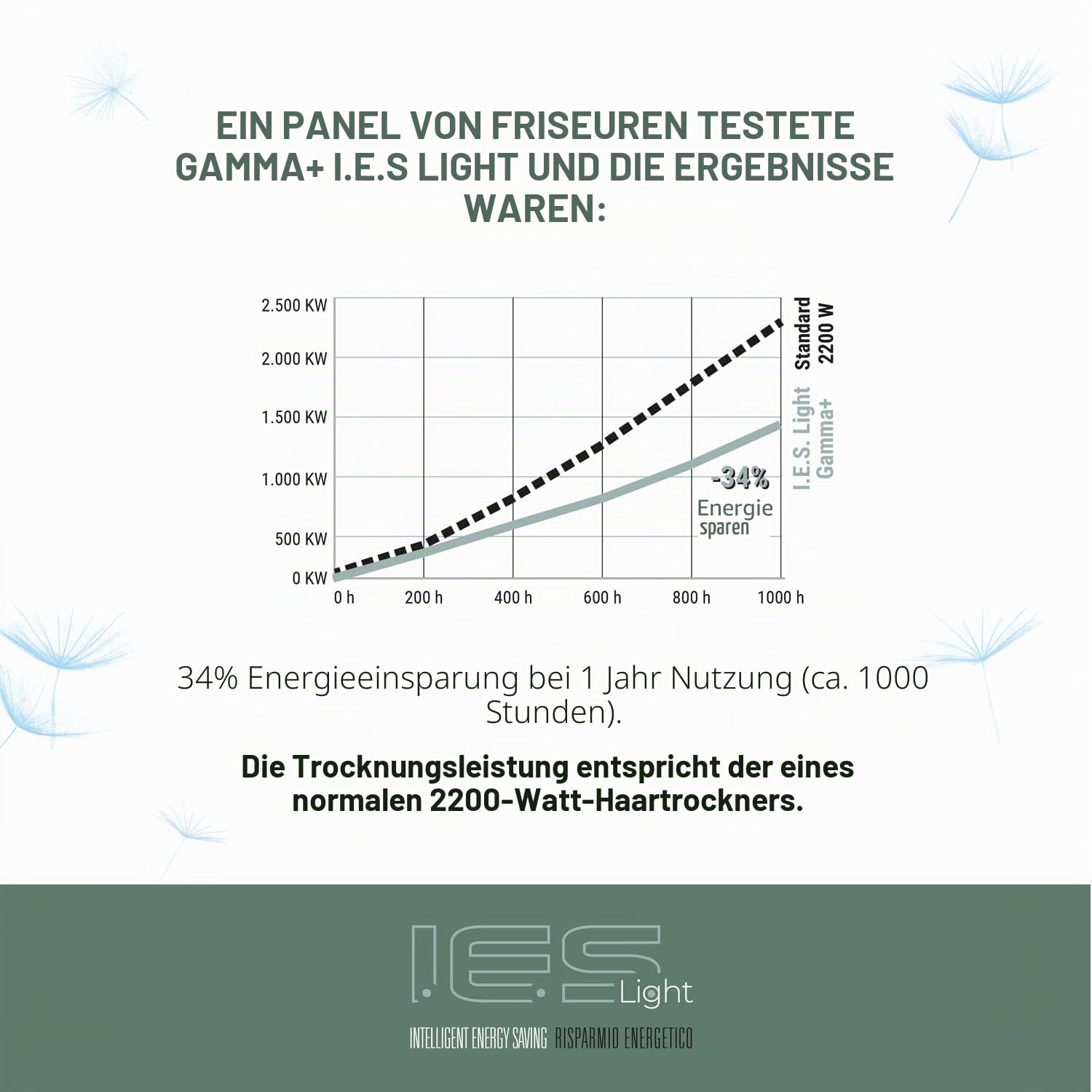 GAMMAPIU' Professioneller Haartrockner von I.E.S, energiesparend, intelligent, schnell trocknend mit ETC-Technologie, leicht, geräuschlos, 3 Geschwindigkeiten, konstante Temperatur (MOOSGRÜN)