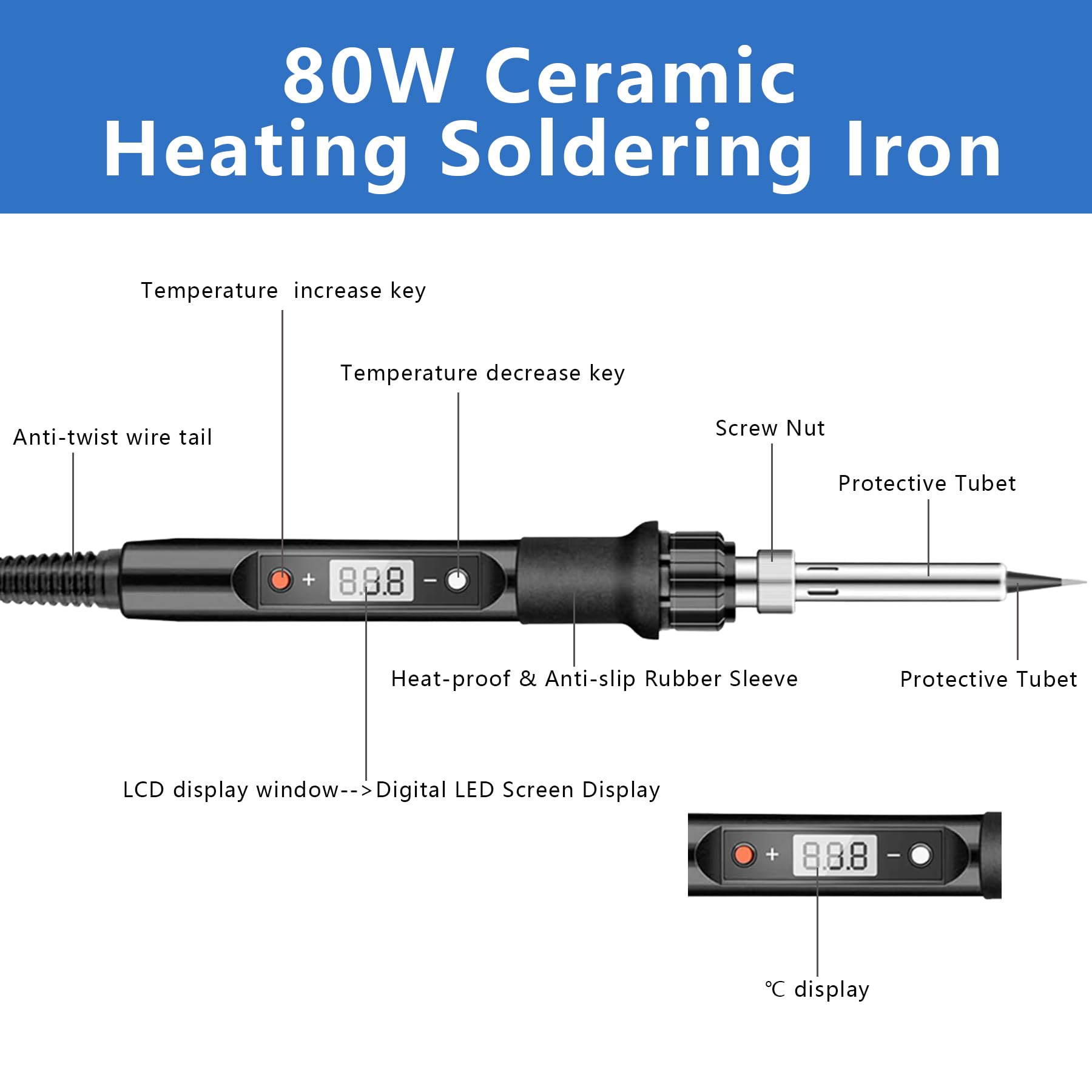 Gewindeeinsätze Lötspitzen Set, 80W LED Temperatur Einstellbar, 130PCS M2-M8, 6lg. Lötspitzen, 5 austauschbare für 3D Druck