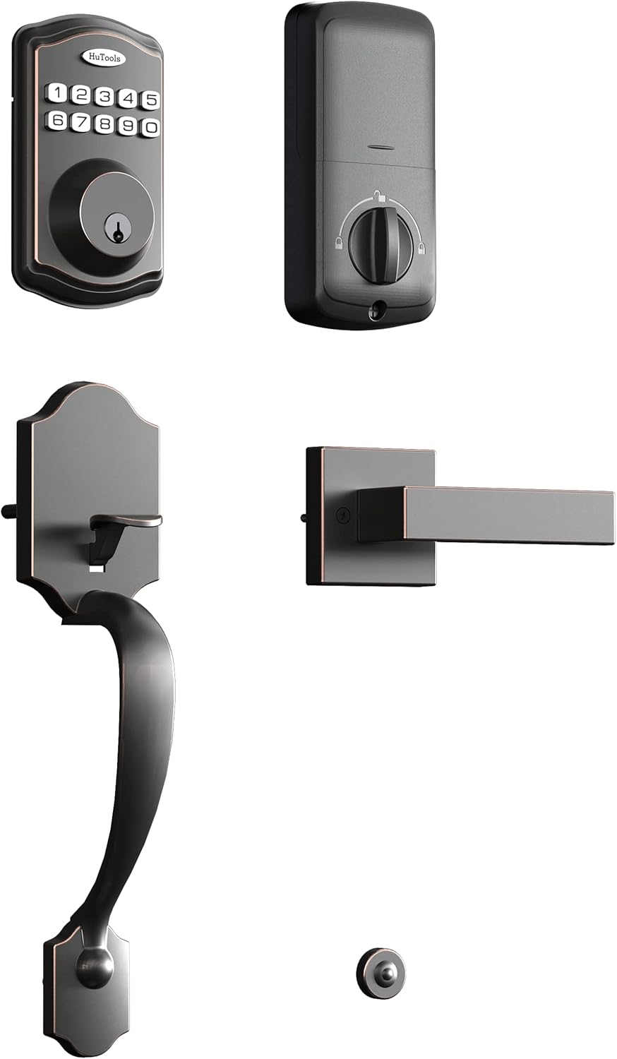 All components of the HuTools Keypad Door Lock with Handle, including the exterior keypad, interior assembly, handleset, latch, strike plate, and keys.