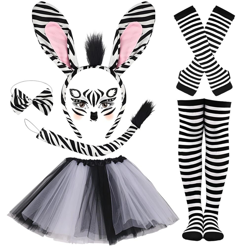 Furry Animal Costume Set, 7Pcs Zebra Carnival Costumes Suit Zebra Ears Headband Tail Bow Tie Tutu Skirt Face Sticker, Socks & Gloves Girls Women Fancy Dress for Carnival Cosplay Halloween Party