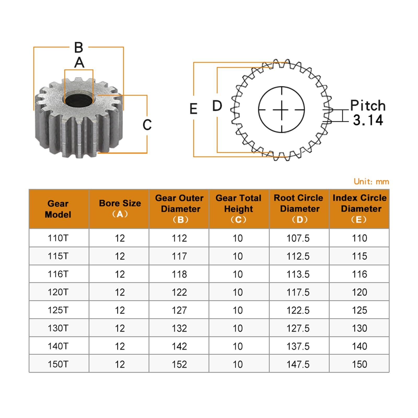Bevel Gear Pinion Hardware Mechanical 1pcs Cylindrical Gear 1M-110/115/116/120/125/130/140/150T Carbon Steel Soft Teeth Surface Gear Wheel for Transmission Parts(1M150T - Bore 14 mm)
