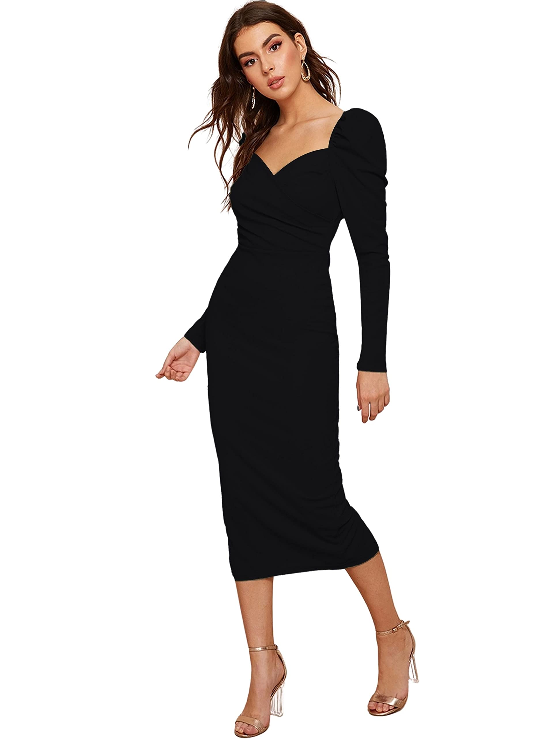 rosery paris Women One Piece Puff Sleeve, Sweatheart Neck, Long Sleeve Casual Formal Cocktail Midi Black Bodycon Dress for Women