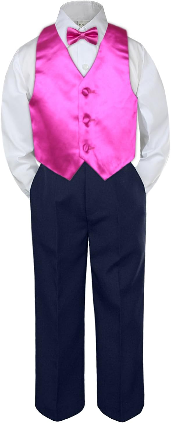 4pc Baby Toddler Boy Party Suit Tuxedo Navy Pants Shirt Vest Bow tie Set Sm-4T