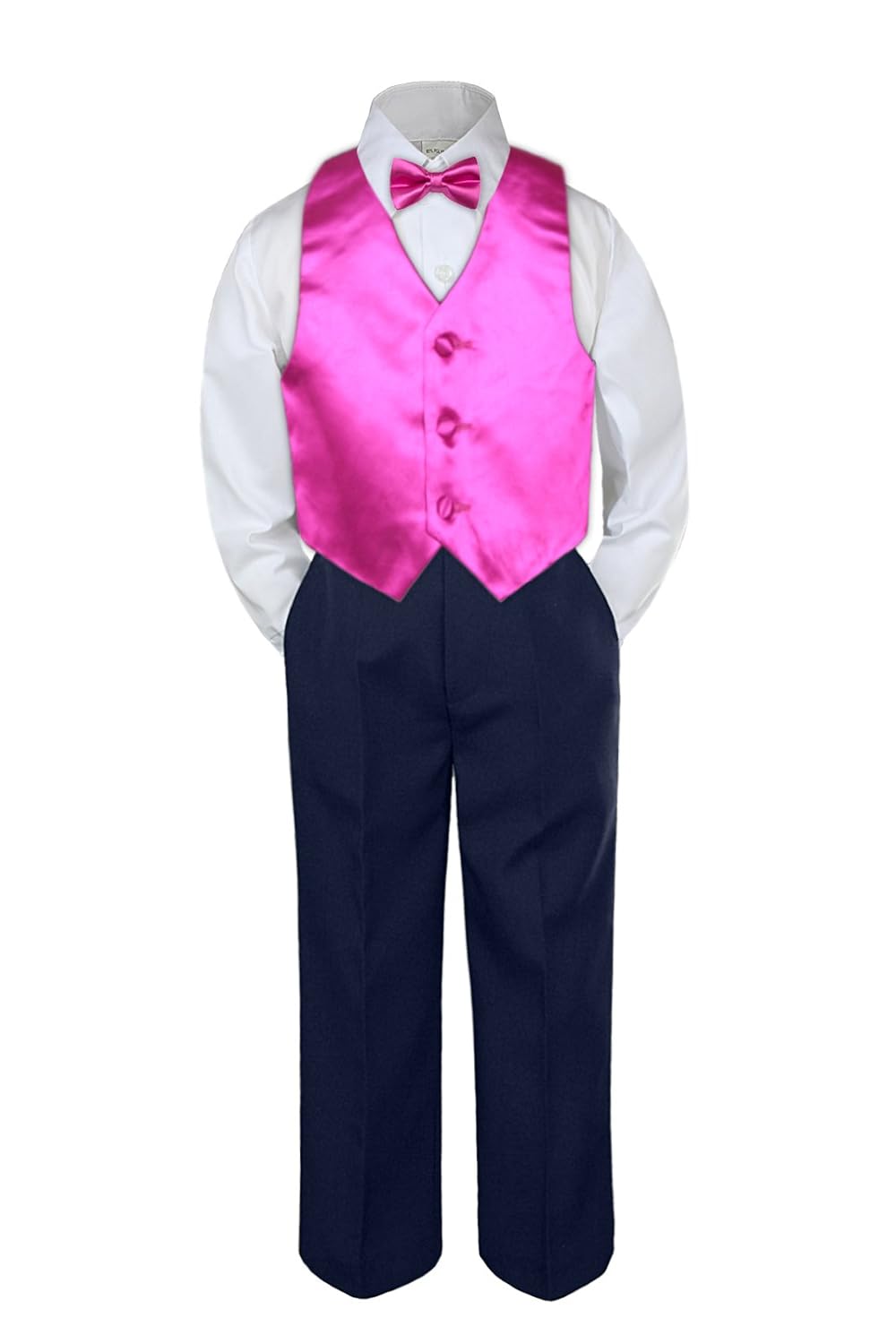 Leadertux 4pc Baby Toddler Boy Fuchsia Pink Vest Bow Tie Navy Blue Pants Set S-7 (L:(12-18 Months))