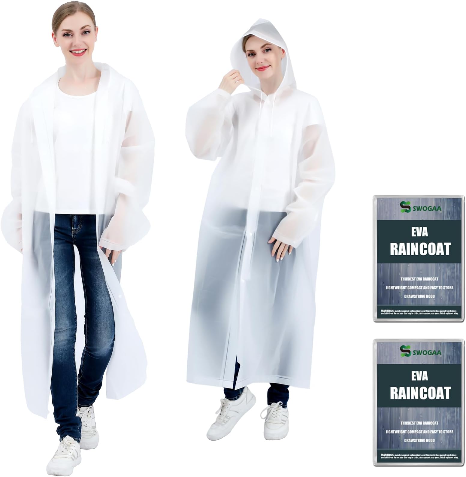 SWOGAA Rain Ponchos for Adults Reusable 2 Pack EVA Raincoats for Women Men 100%/20% Extra Thicker Survival Heavy Duty Military Impermeable Rain Coat with Cuff Size Adjusters