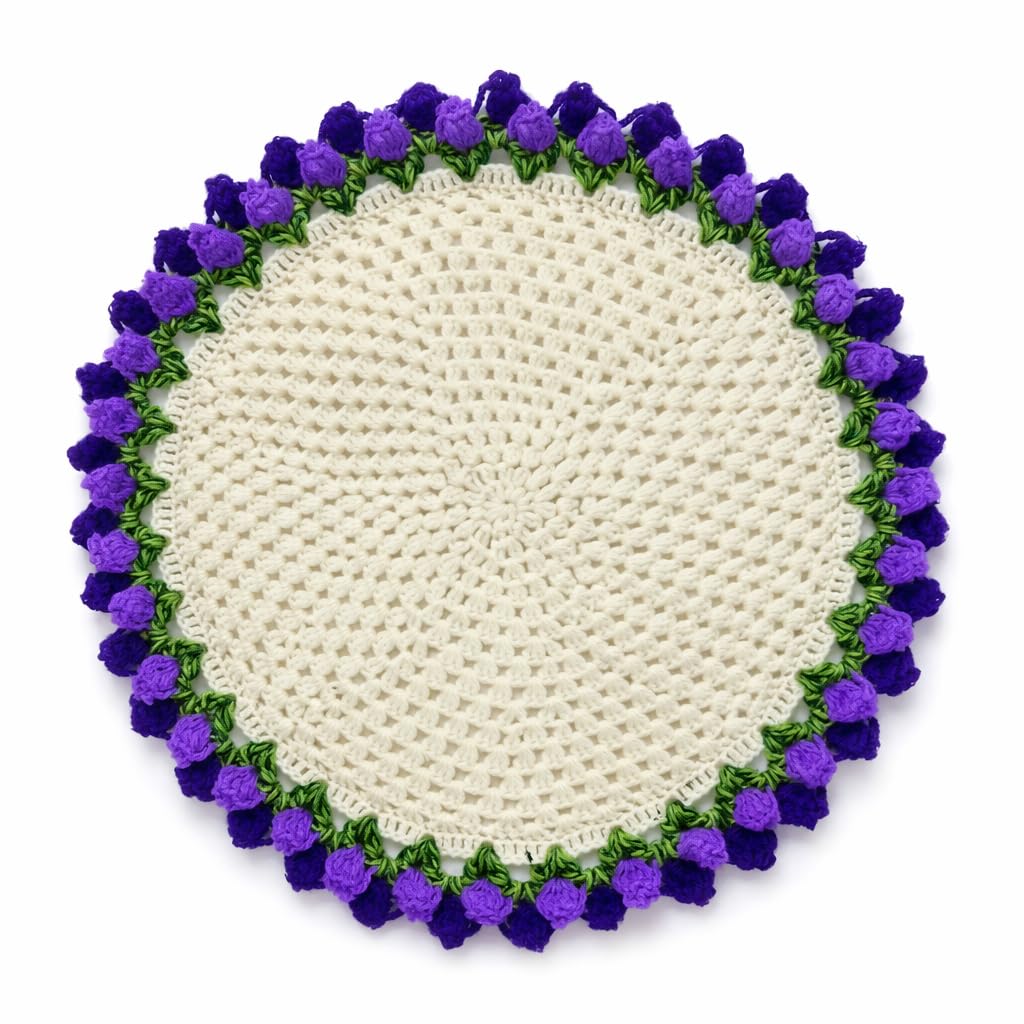 Handmade Crochet Round Pooja Thali Cover with Vibrant Purple Floral Border, Multipurpose Table Doily Mat, 45.7cm-image-34