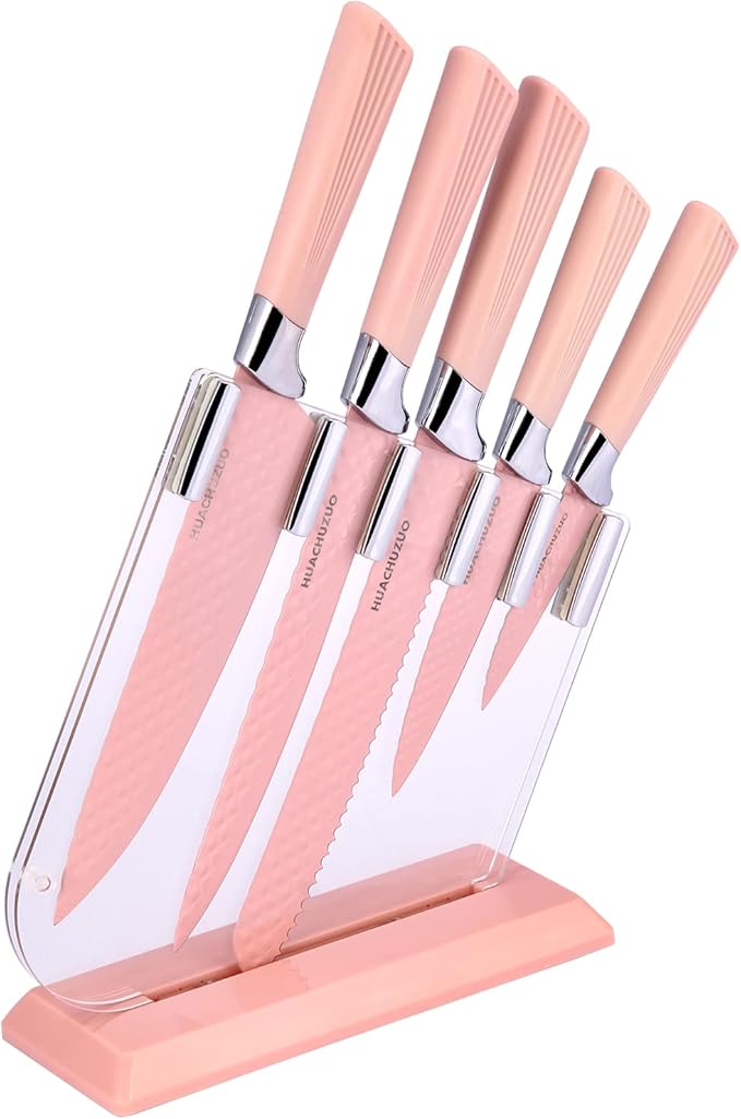 CHUYIREN Pink Knife Set of 6, Pink Kitchen Knives Sets with Knife Block