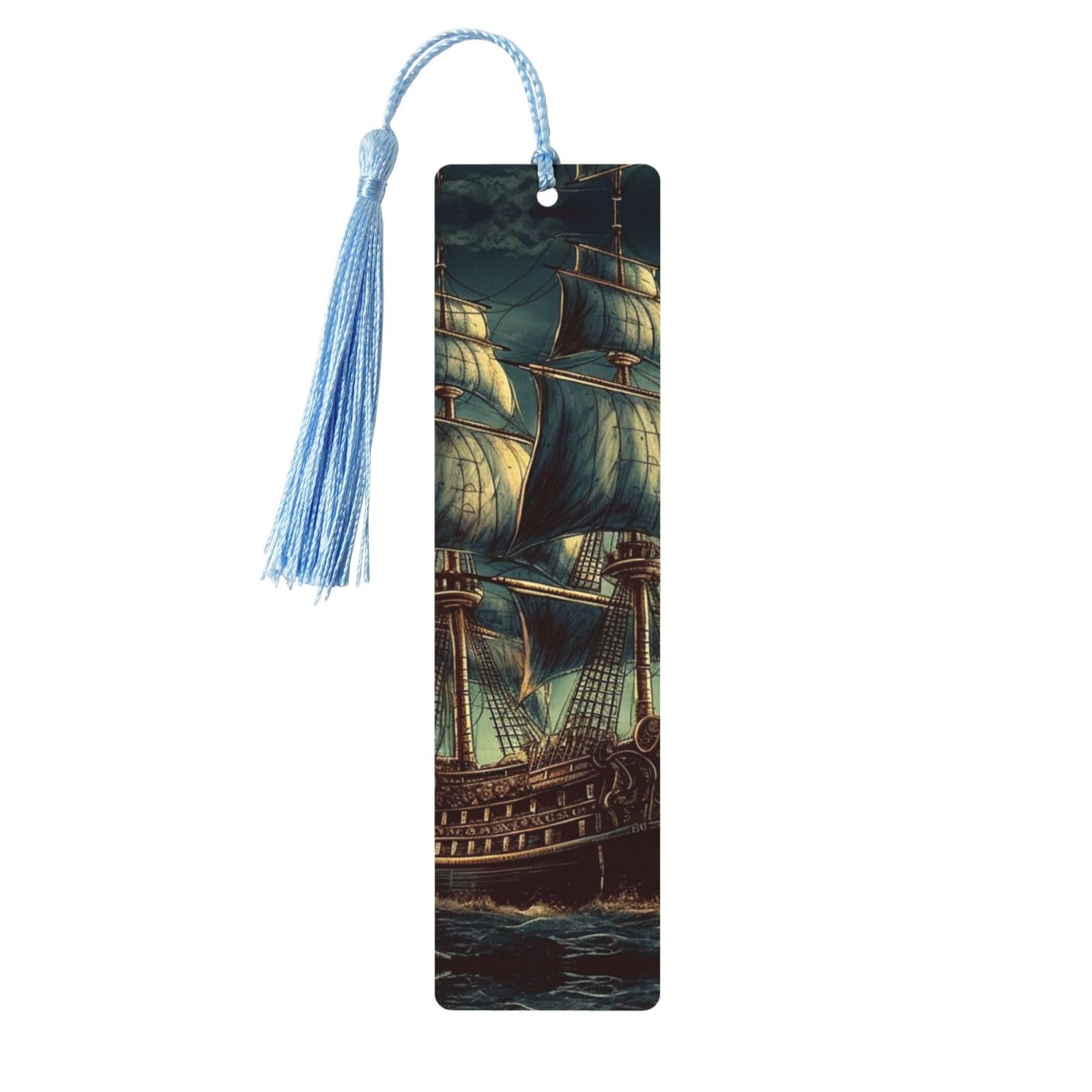 Nautical Vintage Sailing Pirate Ship Wooden Bookmarks with Sky Blue Tassels Handmade Double-Sided Printed Book Marks Page Markers Book Accessories Gift for Book Lovers Women Men