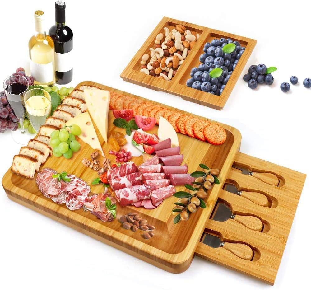 Bamboo Cheese Board with Cheese Tools, Cheese Plate Charcuterie Board Platter Set Serving Tray for Wine Cracker Brie and Meat, Large Thick Wooden Server, Fancy House Warming Gift for Gourmets