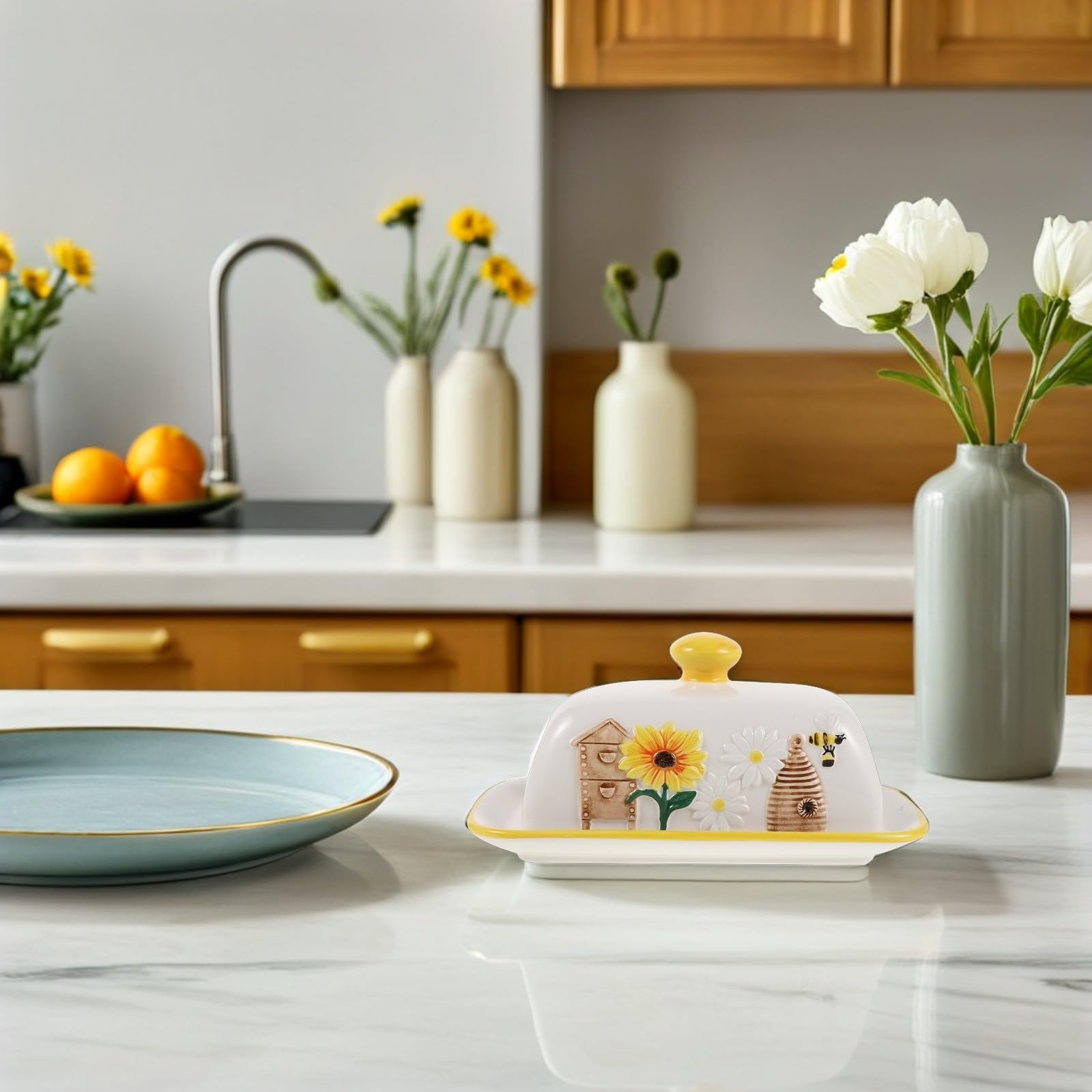 Keramik Butterdose mit Deckel Dekorative Butterschale mit Sonnenblumen und Bienenmuster Große Butterdose für Arbeitsplatte und Familienmahlzeiten