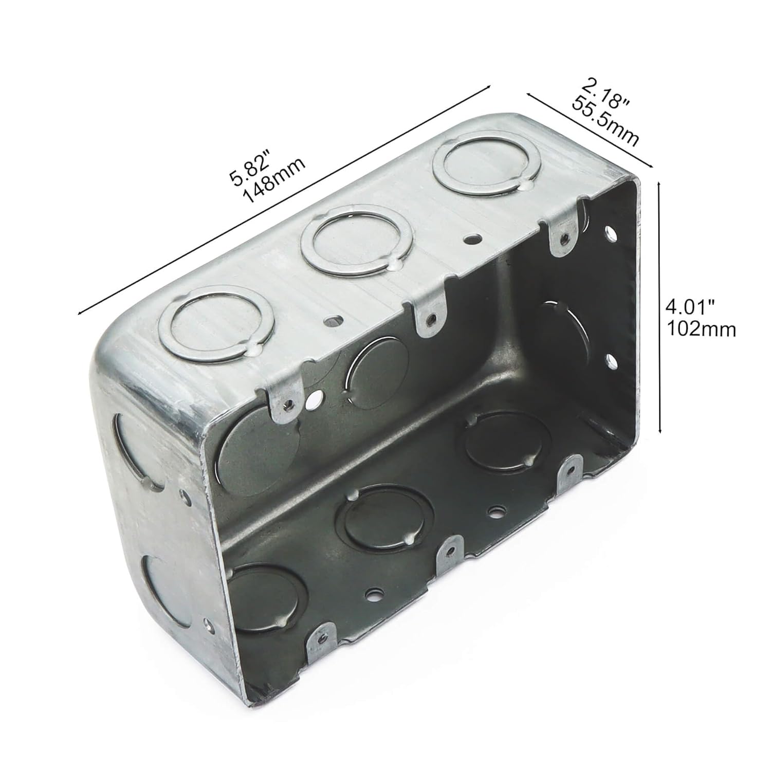 5 Packs Three Gang Multi Device Switch Box, 5.8" L X 4.1" W, 2.2" Deep Metal Electrical Box, 6-TKO's & 4-1/2"KO's Side KO, 2-1/2" & 2-3/4" Bottom KO, Raised Gound Hump, Galvanized