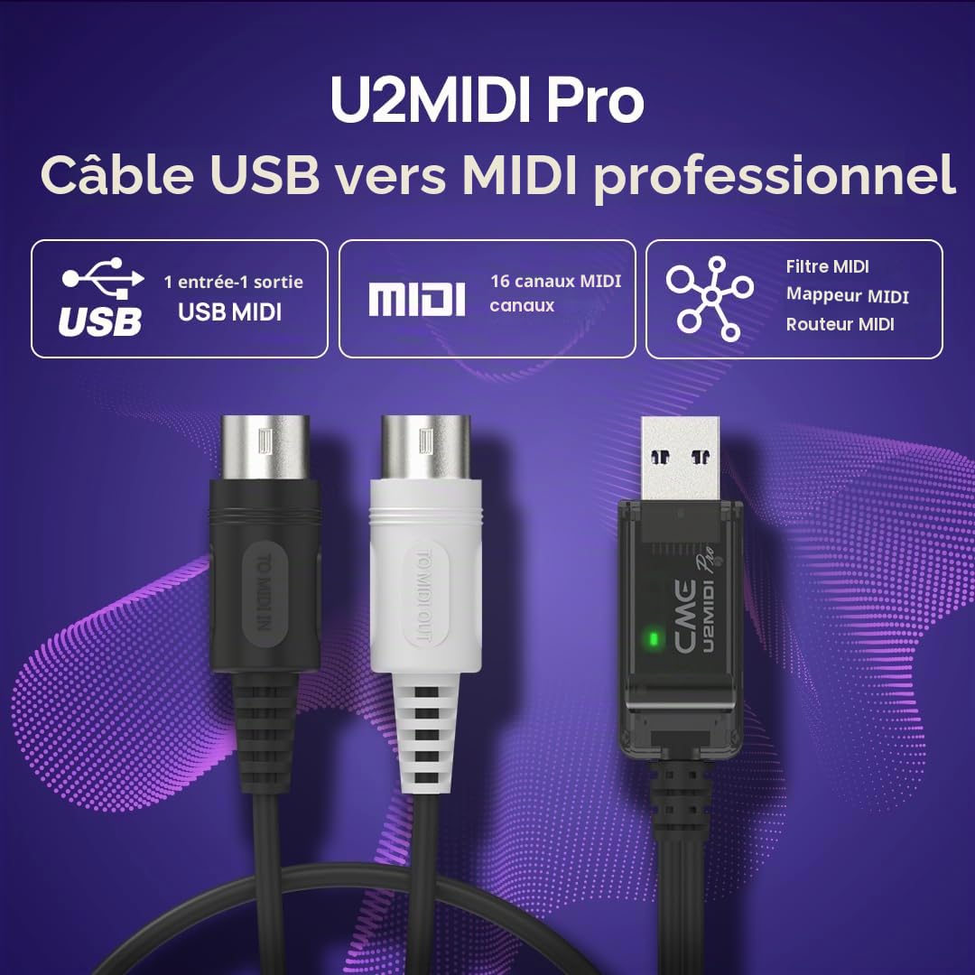 CME U2MIDI Pro – Câble USB MIDI Haute Vitesse avec Filtrage et Mapping, Interface USB vers MIDI Plug-and-Play pour Ordinateur et Instruments MIDI