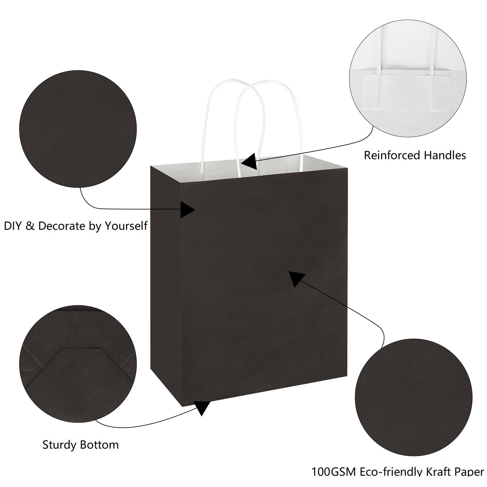 Toovip Paquete de 100 bolsas de papel kraft negras medianas de 8 x 4.75 x 10 pulgadas con asas a granel, bolsas de regalo para recuerdos de comestibles, fiestas al por menor, cumpleaños, compras